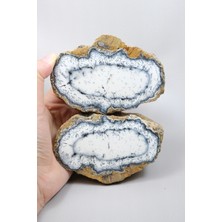 Healcrystal Büyük Cilalı Beyaz Merlinit Kesim Çifti - Mat Porselen-Beyaz Çekirdek ile Siyah Dendrit Bantları, 760G