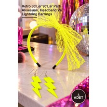 Yenilig 3 Adet Neon Sarı Dantel Fiyonk Taç ve Şimşek Küpe Seti – Retro 80'ler 90'lar Parti Aksesuarı, Headband ve Lightning Earrings