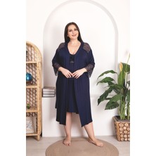Aria's Closet Arias Closet Büyük Beden Lacivert Dantel Işlemeli 2'li Gecelik Sabahlık Takımı