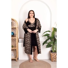 Aria's Closet Arias Closet Büyük Beden Leopar Desenli Dantel Işlemeli 2'li Viskon Gecelik Sabahlık Takımı