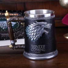 Çılgıntrend Gümüş Kurt Amblemli Kabartmalı 380 ml Içi Çelik Kupa Bardak - Fantastik Tasarım Orta Çağ Temalı Kupa