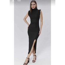 Pazen Moda Kadınsiyah Vatkalı Yırtmaçlı Midi Boy Elbise