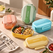 2 Bölmeli Yemek Kabı 900 ml 304 Paslanmaz Çelik Iç Hazneli Kilitli Lunch Box Kaşık Çatal Bölmeli