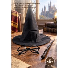 Yenilig 15 Adet Harry Potter Aksesuar Seti – Siyah Şapka, Numarasız Zararsız Cam Gözlük, 30 cm Asa; Kostüm Cosplay Party Wand
