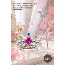 Yenilig 3 Adet Taraklı Prenses Tacı ve Yıldız Asa Seti – Çocuk Saç Aksesuarı, Oyun Kostümü, Gümüş Renk Princess Crown Wand
