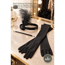 Yenilig 3 Adet 1920'LER Gatsby Aksesuar Seti – Siyah Charleston Saç Bandı, Uzun Eldivenler ve Sigaralık, Flapper Headband Glove Cigarette Holder