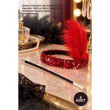 Yenilig 5 Adet Gatsby Kadın Aksesuar Seti – Kırmızı Charleston Saç Bandı ve Uzun Sigaralık, 1920'LER Retro Flapper Party Headband Cigarette Holder