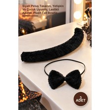 Yenilig 3 Adet Peluş Kuyruk ve Papyon – Siyah Peluş Tasarım, Yetişkin ve Çocuk Uyumlu, Lastikli Aparat, Plush Tail Bowtie