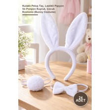 Yenilig 24 Adet Beyaz Tavşan Kostüm Seti – Kulaklı Peluş Taç, Lastikli Papyon ve Ponpon Kuyruk, Çocuk Kostümü (Bunny Costume)