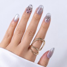 Gümüş Nail Art Kısa Oval 10'lu Tekrar Kullanılabilir El Yapımı Protez Takma Tırnak EKOV3039 Gümüş-M