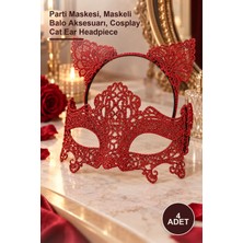 Yenilig 4 Adet Kırmızı Dantel Kedi Kulaklı Maske ve Taç – Parti Maskesi, Maskeli Balo Aksesuarı, Cosplay Cat Ear Headpiece