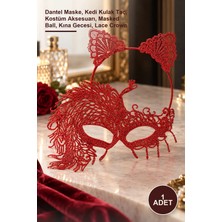 Yenilig 1 Adet Alevin Zarafeti Kırmızı Dantel Maske ve Taç Seti – Dantel Maske, Kedi Kulak Taç, Kostüm Aksesuarı, Masked Ball, Kına Gecesi, Lace Crown