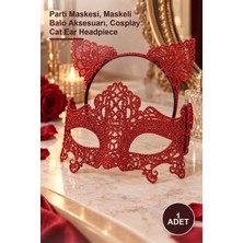 Yenilig 1 Adet Kırmızı Dantel Kedi Kulaklı Maske ve Taç – Parti Maskesi, Maskeli Balo Aksesuarı, Cosplay Cat Ear Headpiece