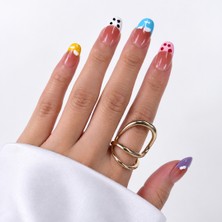 Takma Takma Renkli Nail Art Kısa Oval 10'lu Tekrar Kullanılabilir El Yapımı Protez Takma Tırnak EKOV3044 Renkli-S
