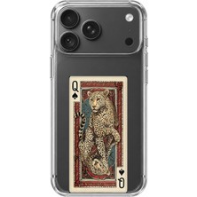 TechTree iPhone 18 Pro Uyumlu Iskambil Kağıdı Tasarımlı Leopar Portre Baskılı Silikon Kılıf