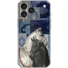 TechTree iPhone 18 Pro Uyumlu Mavi Kilim Desenli Siyah ve Beyaz At Baskılı Silikon Kılıf