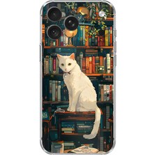 TechTree iPhone 18 Pro Uyumlu Kitaplık Beyaz Kedi Tasarımlı Baskılı Silikon Kılıf