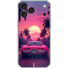 TechTree iPhone 18 Pro Uyumlu Palmiye Neon Pembe Araba Baskılı Silikon Kılıf
