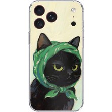 TechTree iPhone 18 Pro Max Uyumlu Babushka Yeşil Başörtülü Siyah Kedi Baskılı Silikon Kılıf