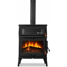 Firestove Fire Stove  FRS-045YK    Retro Lux Dık 3 Camlı Yan Kapaklı Kuzineli Döküm Soba