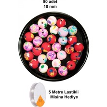 Pileli Store 90 Adet 10 mm Polimer Kil Fimo Boncuk Takı Bileklik + 5 Metre Lastikli Misina Hediye - Desenli Yuvarlak