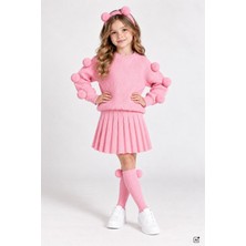 Cansın Mini Pembe Kız Çocuk Ponpon Çoraplı Bandanalı Triko Kazaklı Etekli 4 Lü Takım 24946
