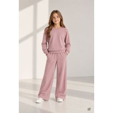 Cansın Mini Pembe Kız Çocuk Geniş Paça Pantolonlu Taş Detaylı Badili Eşofman Takımı 24951