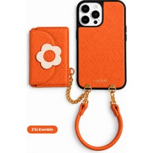 COGURE Hera iPhone 16 Pro Max Uyumlu Çiçekli MagSafe Cüzdan, Bileklik Askı, Kılıf 3'lü Turuncu Set