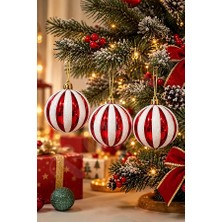 BeySüS Yılbaşı Ağacı Süsü Kırmızı Beyaz Çizgili Cici Top 8 cm 3’lü Set