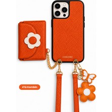 COGURE Hera iPhone 16 Pro Max Uyumlu Çiçek MagSafe Cüzdan, Charm, Crossbody Askı, Kılıf 4'lü Turuncu Set