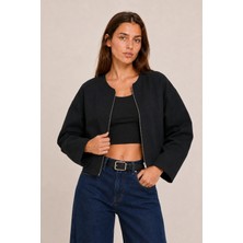 Maisonrae Kadın Siyah, Astarlı, Crop Boy, Fermuar Detaylı, Balon Kol, Oversize Mevsimlik Ceket
