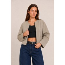Maisonrae Kadın Bej, Astarlı, Crop Boy, Fermuar Detaylı, Balon Kol, Oversize Mevsimlik Ceket
