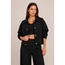 Maisonrae Kadın Siyah Oversize, Polo Yaka, Çıtçıtlı, Pamuklu Gabardin, Kısa Mevsimlik Ceket