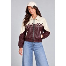 Maisonrae Kadın Bordo, Içi Kürklü, Çift Renkli, Yazı Detaylı,oversize Suni Deri Bomber Ceket