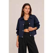 Maisonrae Kadın Lacivert Oversize, Polo Yaka, Çıtçıtlı, Pamuklu Gabardin, Kısa Mevsimlik Ceket