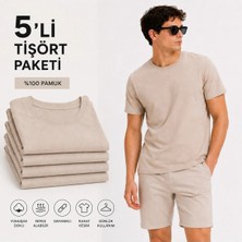 Maisonrae Erkek 5'li Basic Regular Fit Tişört Seti %100 Pamuk Bisiklet Yaka Bej Renk