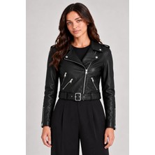 Maisonrae Kadın Siyah Fermuarlı Crop Deri Biker Ceket