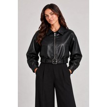 Maisonrae Kadın Siyah Kemer Detaylı Oversize Crop Deri Ceket
