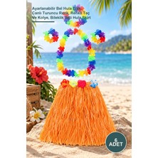 Yenilig 6 Adet Luau Aloha Hawaii Etek Seti – Ayarlanabilir Bel Hula Etek, Canlı Turuncu Renk, Renkli Taç ve Kolye, Bileklik Seti Hula Skirt