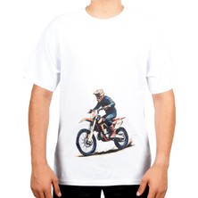 Gp Kompozit TSH001 Cross Motosiklet Baskılı T-Shirt Beyaz