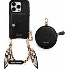 COGURE Hera iPhone 16 Pro Max Uyumlu Mini & Magsafe Cüzdan, Fularlı Zincir Askı, Kılıf 4'lü Siyah Set