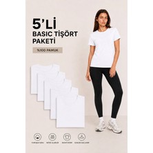 Maisonrae Kadın 5’li Beyaz Basic Tişört Seti, 30/1 Likralı Süprem, Regular Fit, Bisiklet Yaka