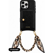 COGURE Hera iPhone 16 Pro Max Uyumlu Magsafe Aynalı Cüzdan, Fularlı Zincir Askı, Oval Kılıf 3'lü Siyah Set