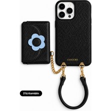 COGURE Hera iPhone 16 Pro Max Uyumlu Çiçek Detaylı MagSafe Cüzdan, Bileklik Askı, Kılıf 3'lü Siyah Set