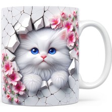 Pembe Çiçekli Sevimli Kedi Temalı 3D Efektli Porselen Kupa Bardak - Kedili Kupa Bardak