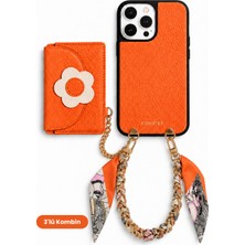 COGURE Hera iPhone 16 Pro Max Uyumlu Çiçekli MagSafe Cüzdan, Fularlı Zincir Askı, Kılıf 3'lü Turuncu Set