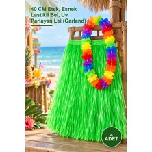 Yenilig 4 Adet Neon Yeşil Hawaii Etek ve Rengarenk Hawaii Çiçek Kolye Seti – 40 cm Etek, Esnek Lastikli Bel, Uv Parlayan Lei (Garland)