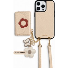 COGURE Hera iPhone 16 Pro Max Uyumlu Çiçekli MagSafe Cüzdan, Charm, Crossbody Askı, Kılıf 4'lü Bej Set