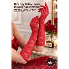 Yenilig 4 Adet Dantelli Eldiven – Orta Boy Saten Likralı Dirseğe Kadar Kırmızı Model, Lace Glove