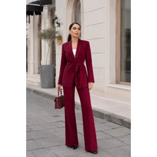 Spirituel Kadın Ikili Alt Üst Takım Kuşaklı Cep Görünümlü Şık Blazer Ceket Bol Paça Yüksek Bel Pantolon Takım